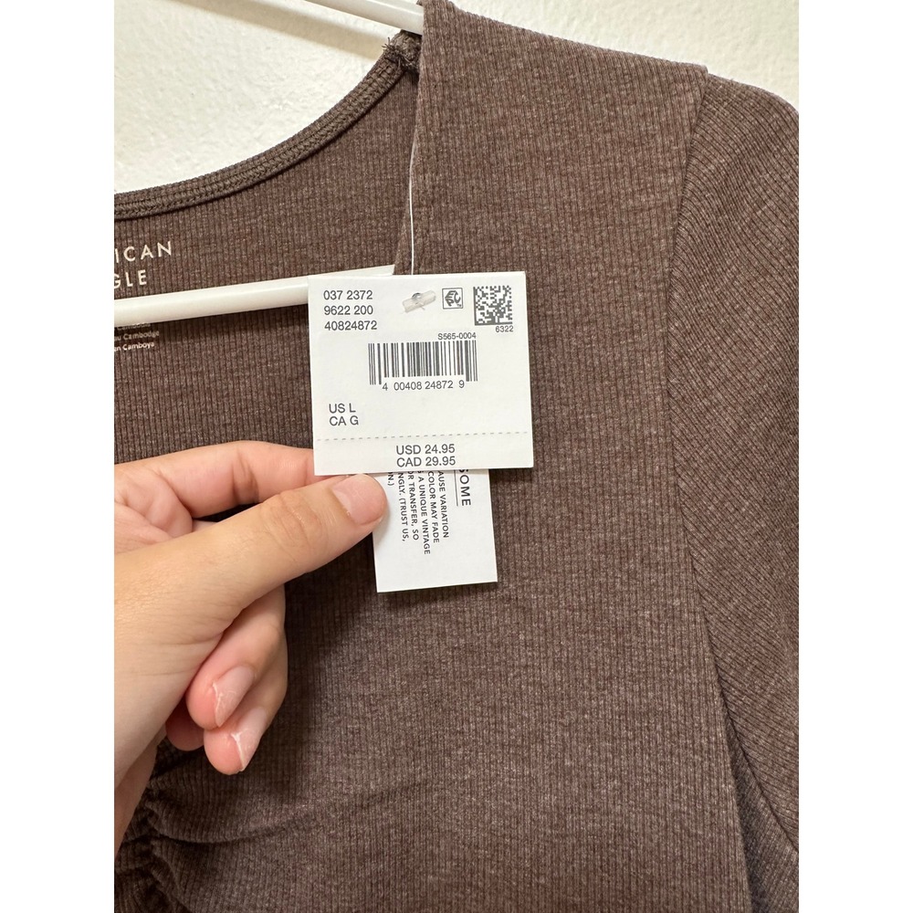 American Eagle NWT Brown Ribbed V Neck Bodysuit Short Sleeve Snapped Closure,  L - Picture 4 of 7